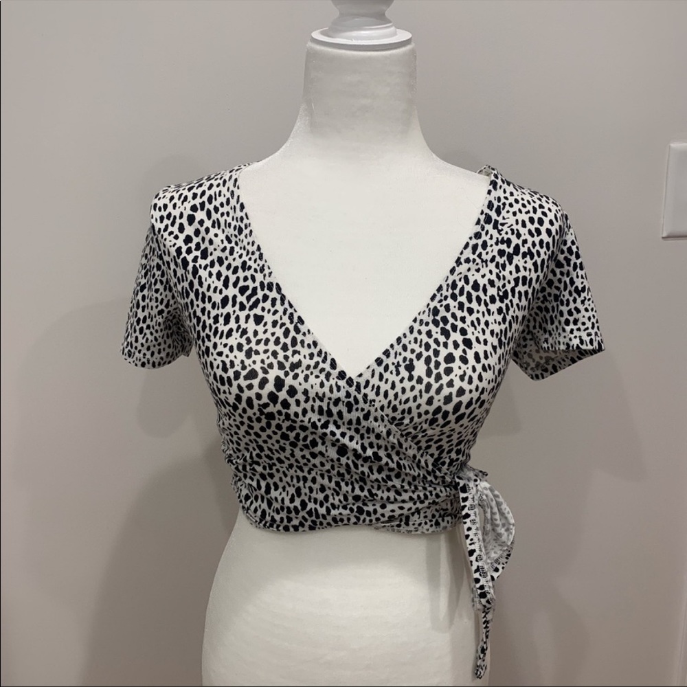 Brandy Melville white and black polka dot warp top